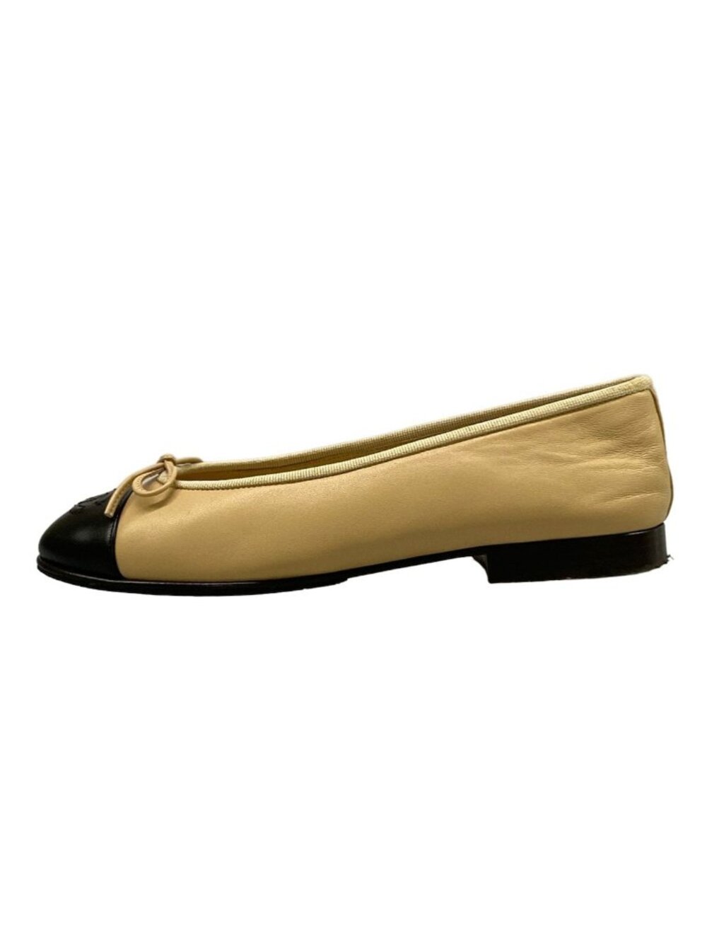 Chanel Flat Shoes 35.5 C Ballerina Beige Black Bicolor Ribbon Lambskin